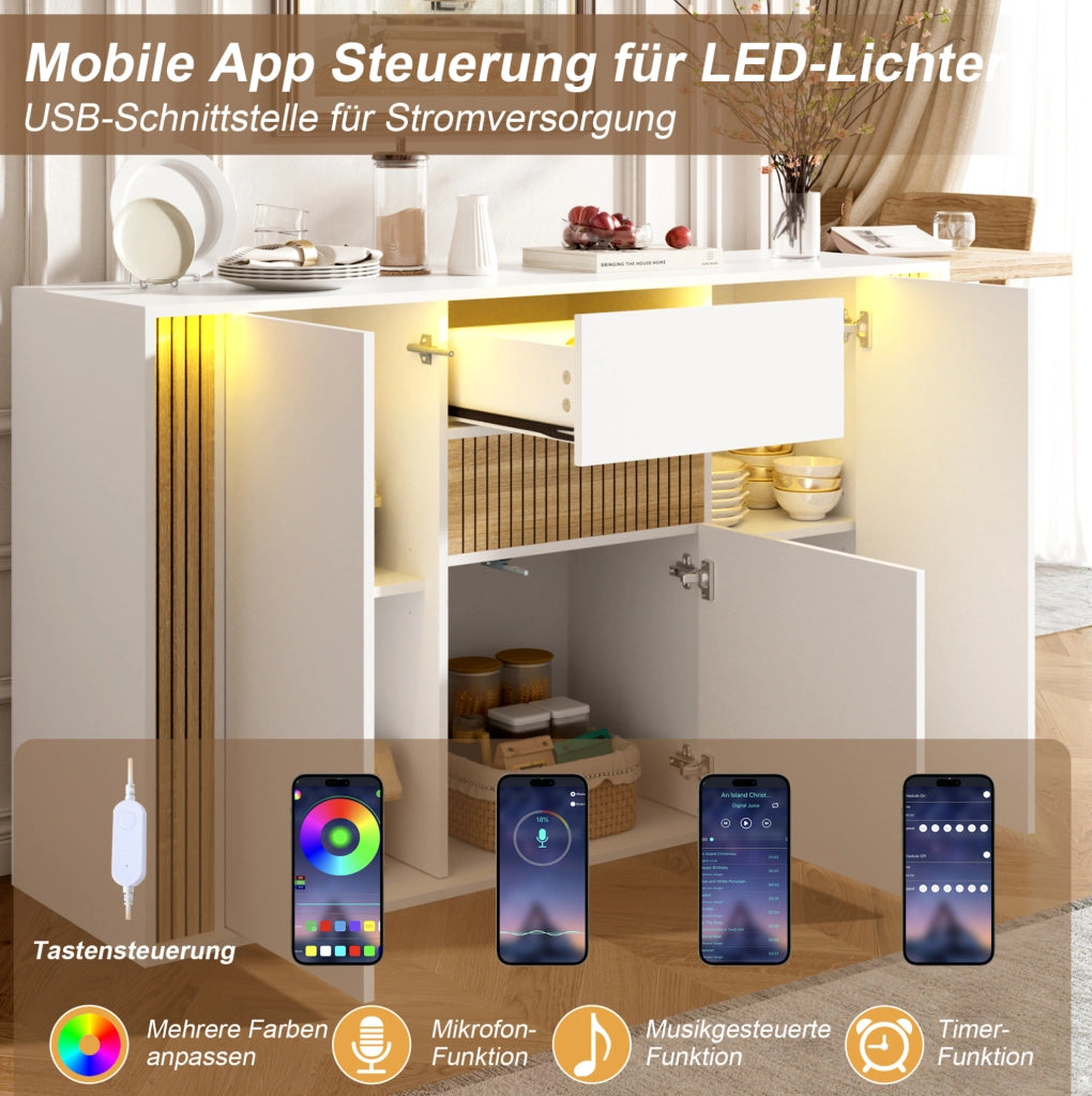 Credenza bianca e naturale 140 cm con 3 ante, cassetto e LED