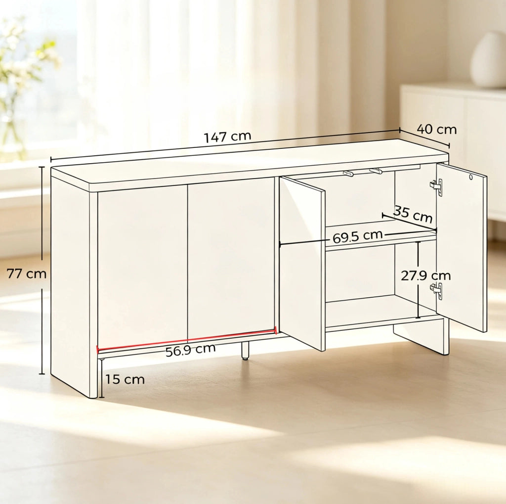 Credenza in MDF color rovere con ante scanalate e ripiani regolabili