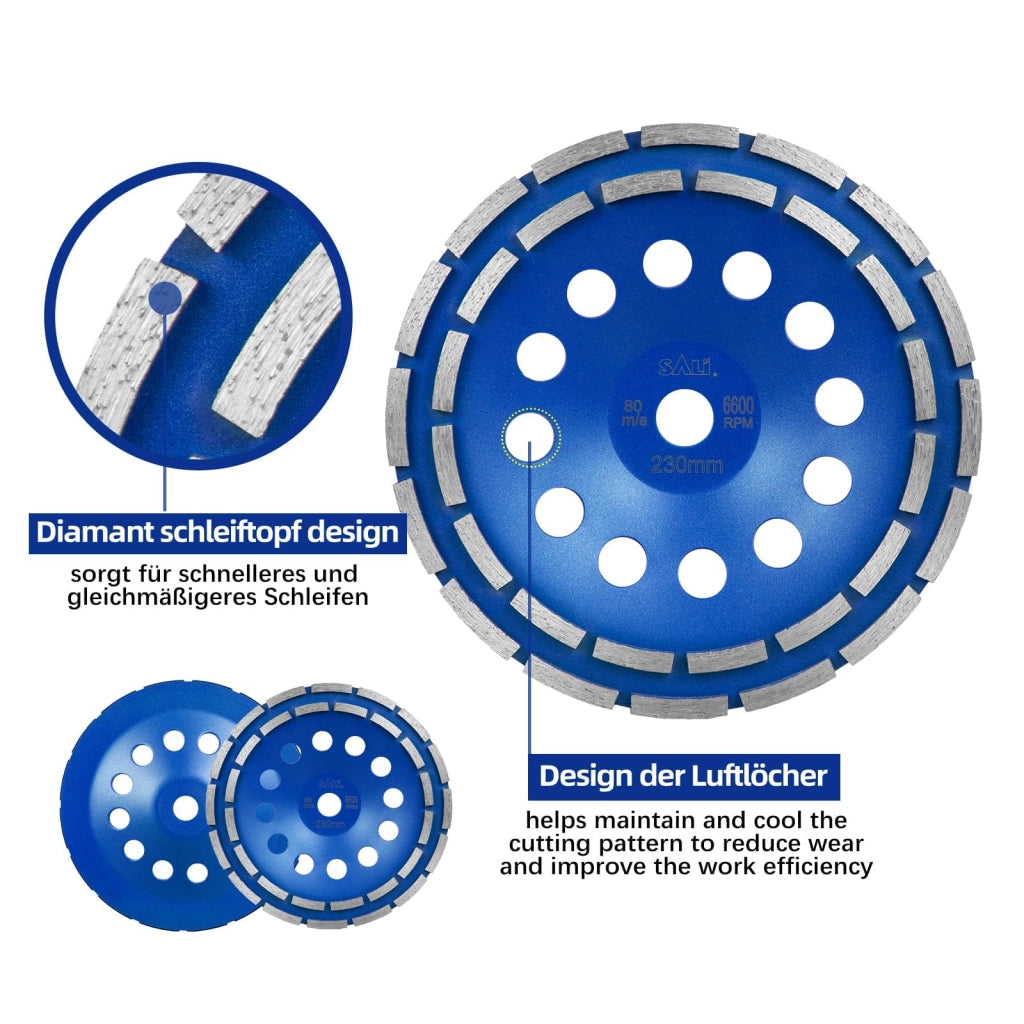 Disco abrasivo diamantato Premium, 230 x 22,2 mm, doppia fila, universale per calcestruzzo, pietra naturale, adesivo per piastrelle e granito