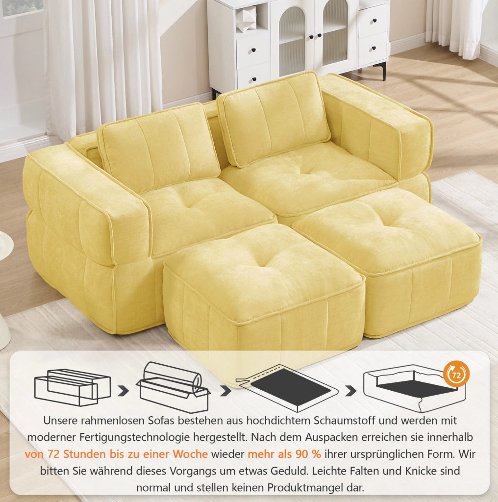 Divano modulare in poliestere giallo con pouf, 198 × 162 cm