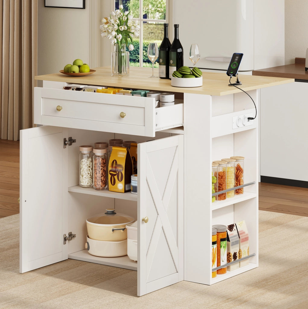 Isola da cucina 120x75x97 cm con piano pieghevole e prese USB in MDF bianco