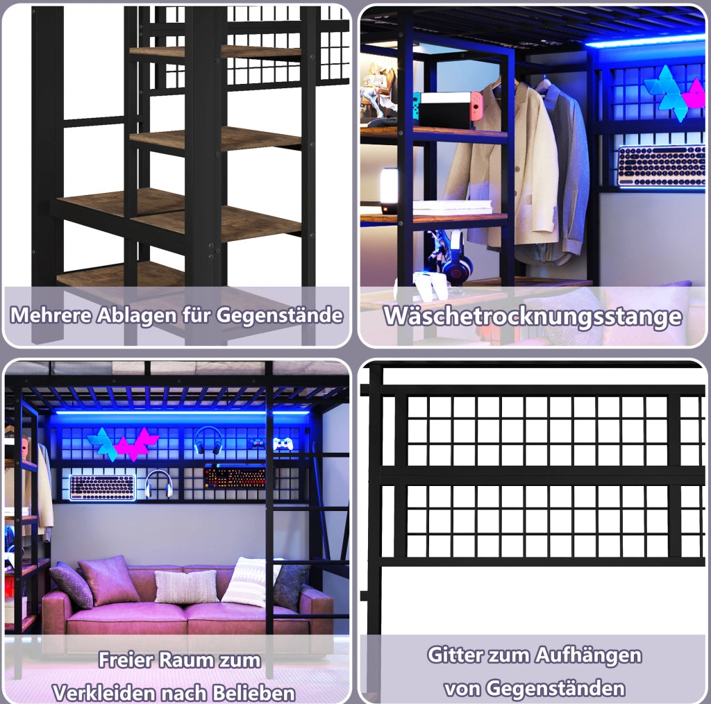 Letto a soppalco 90x200 cm con struttura in ferro, zona sotto letto aperta, ripiano e rete appendiabiti, barra appendiabiti, luce LED integrata, senza materasso, nero
