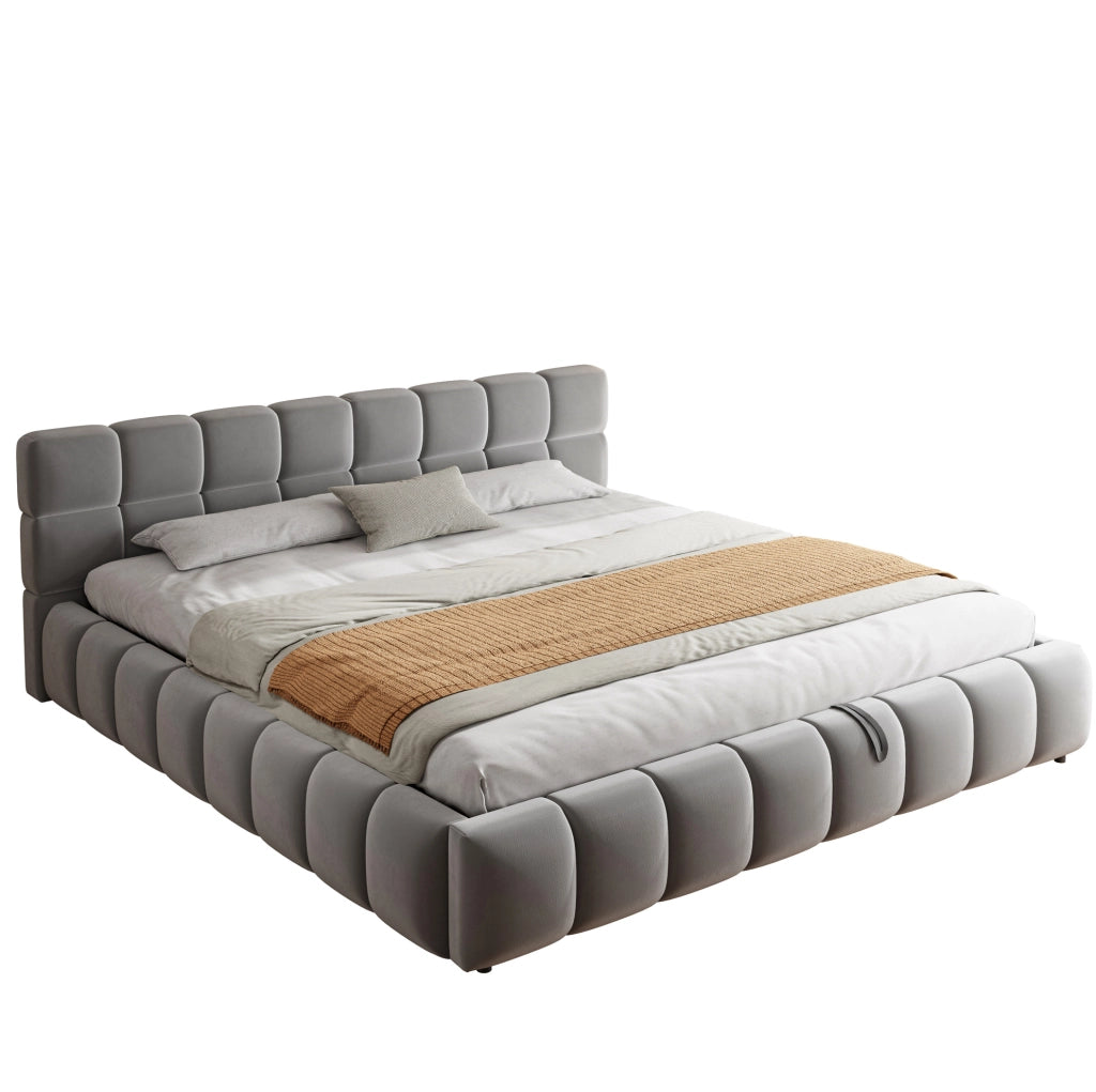 Letto imbottito 180x200 cm con illuminazione LED, contenitore idraulico e testiera in velluto grigio