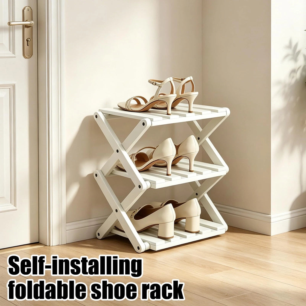 Scaffale pieghevole per scarpe, 30 cm, 3 ripiani, color avorio