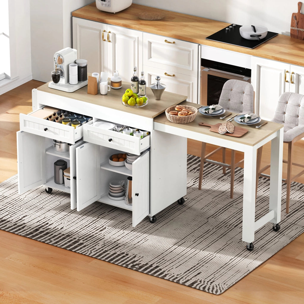 Isola cucina mobile con cassetti; piano di lavoro estraibile; bianca e legno naturale