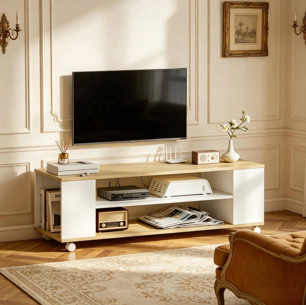 Mobile TV su ruote 120x40x38,5 cm in pannello truciolare bianco naturale per soggiorno