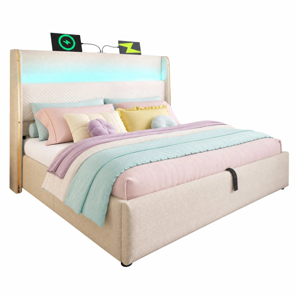 LETTO contenitore 140x200 cm beige con LED e prese USB e Type-C