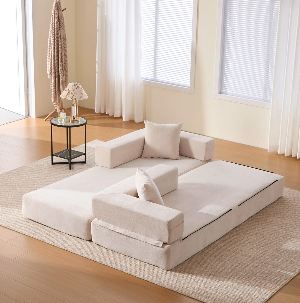 Modulo divano componibile in ciniglia beige con tasche laterali
