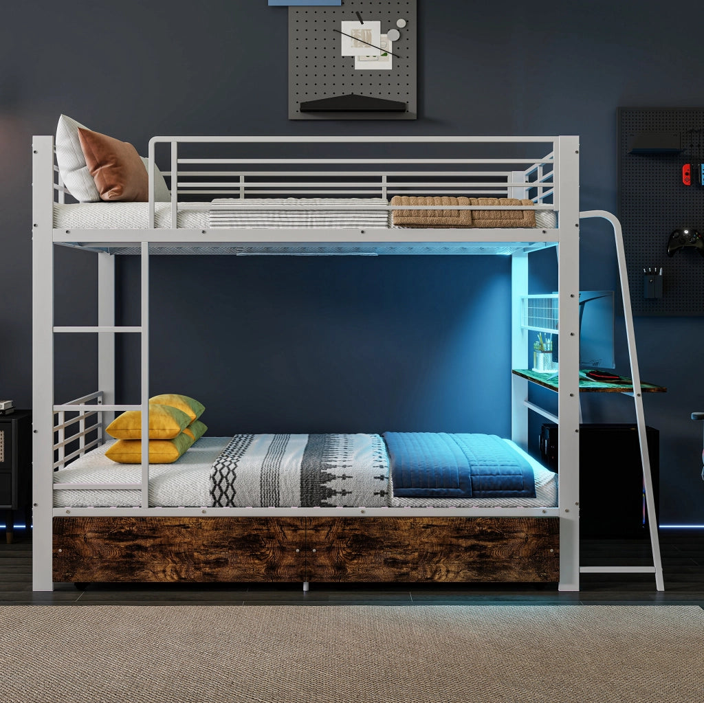 Letto a soppalco 140 x 200 cm con scrivania, cassetti e illuminazione LED, bianco opaco e noce