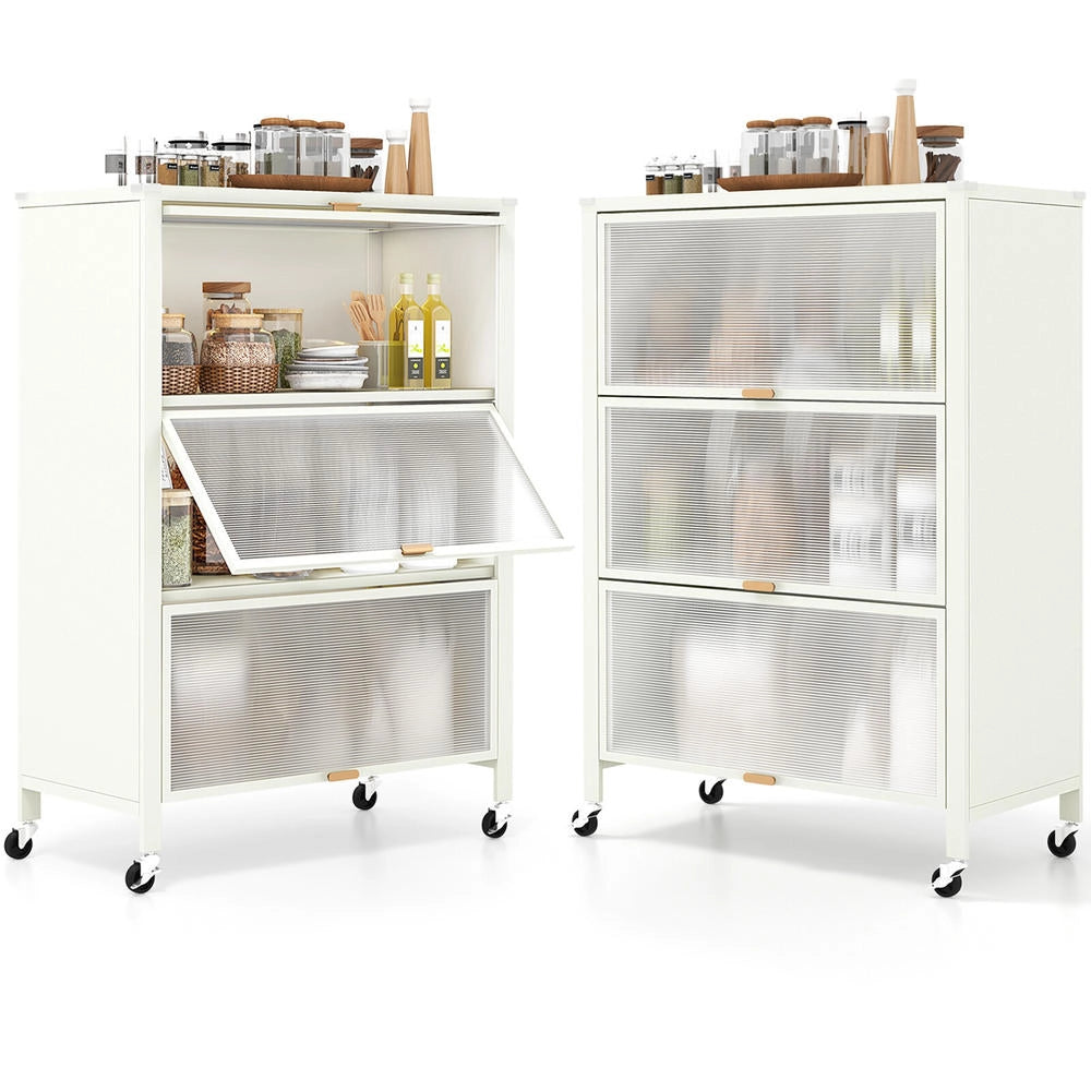 Scaffale da cucina a 4 ripiani con ante a ribalta, mobile credenza in metallo con ruote, salvaspazio per casa, bianco