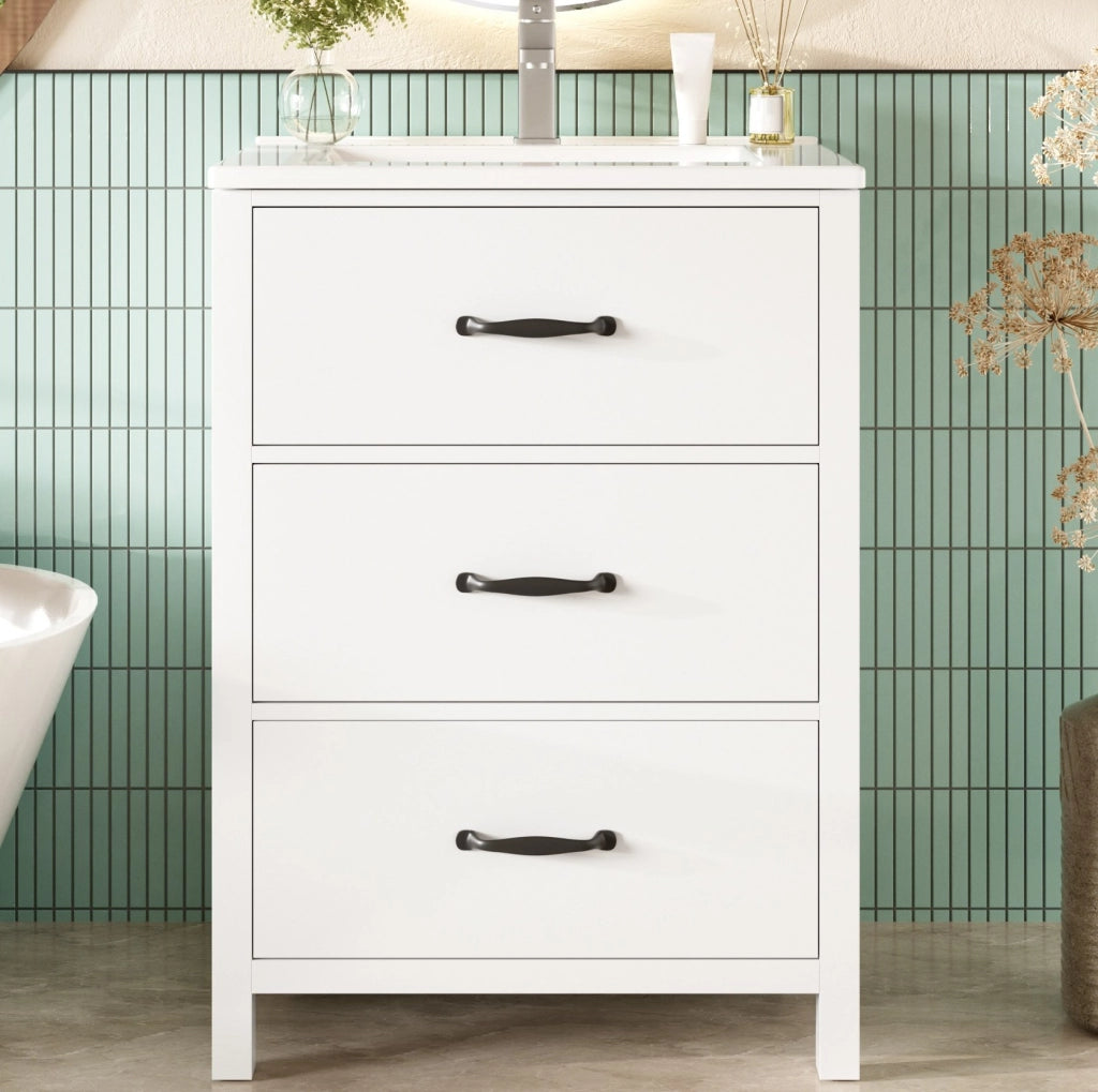 Mobile bagno 61 x 47 x 83 cm in MDF bianco con lavabo ceramico e 3 cassetti