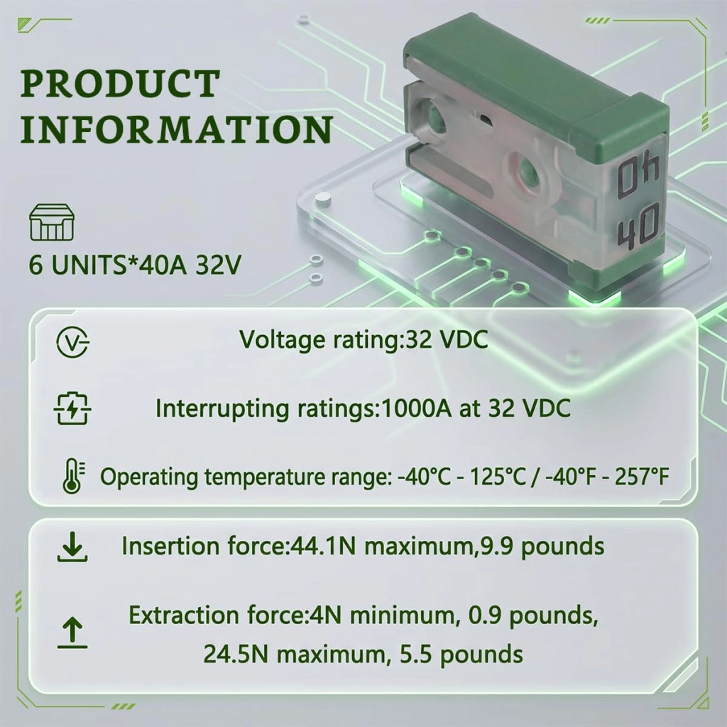 6 mini-fusibili MCASE da 40A, colore verde, a 32V, per ventole e telai di automobili