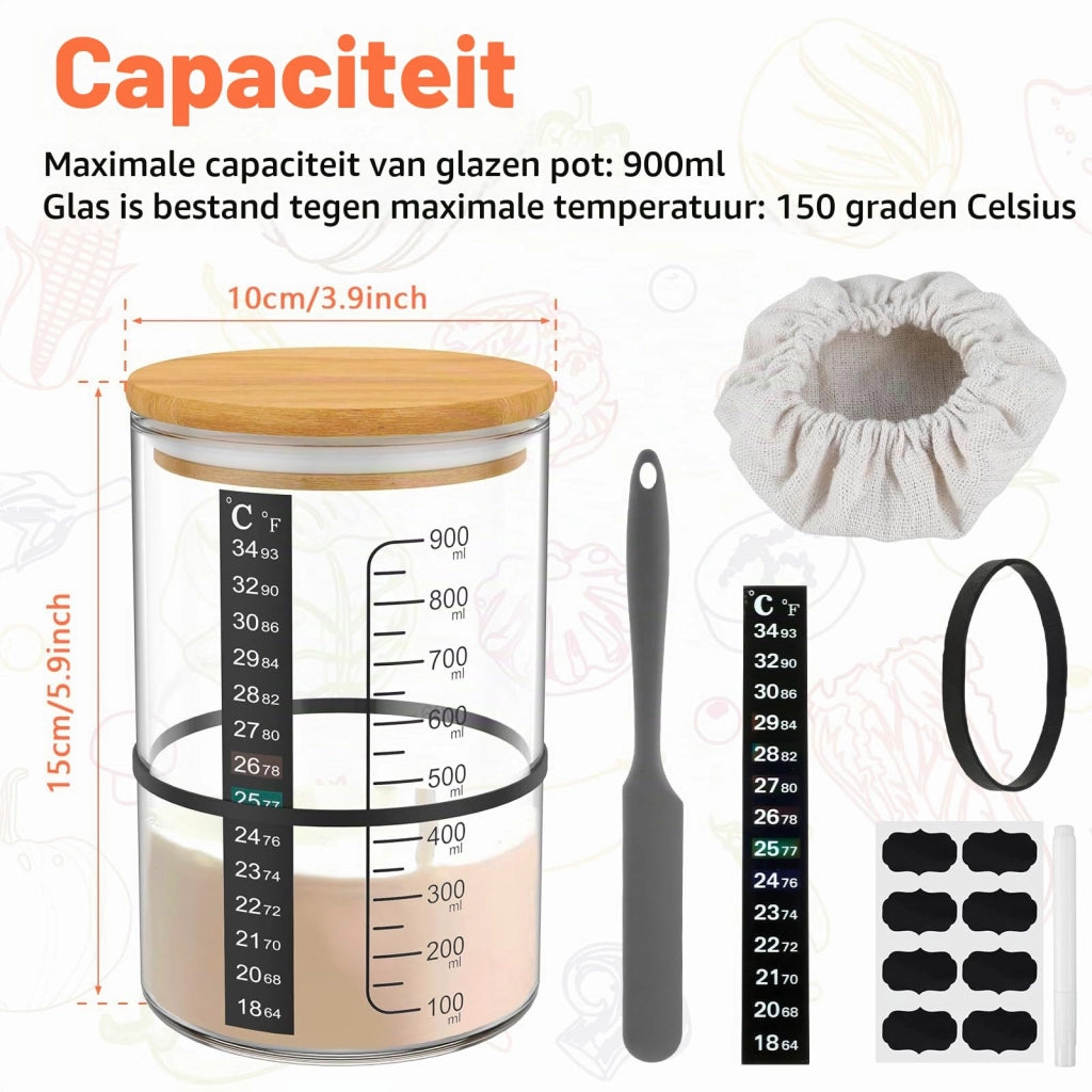 Kit per lievito madre, 900 ml, contenitore in vetro con coperchio in legno, spatola, termometro