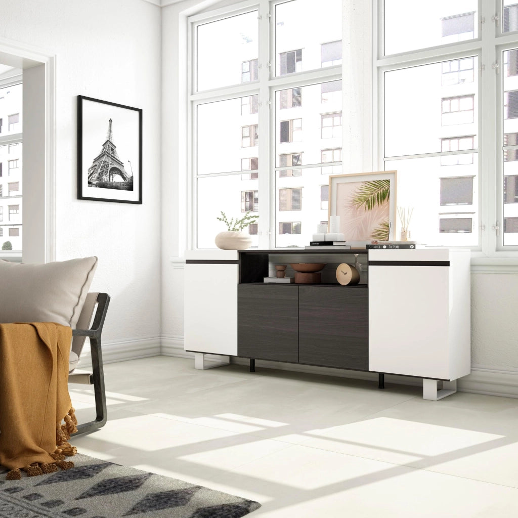 Mobile contenitore a 4 ante, dimensioni 200x87x35 cm, bianco e nero, design moderno