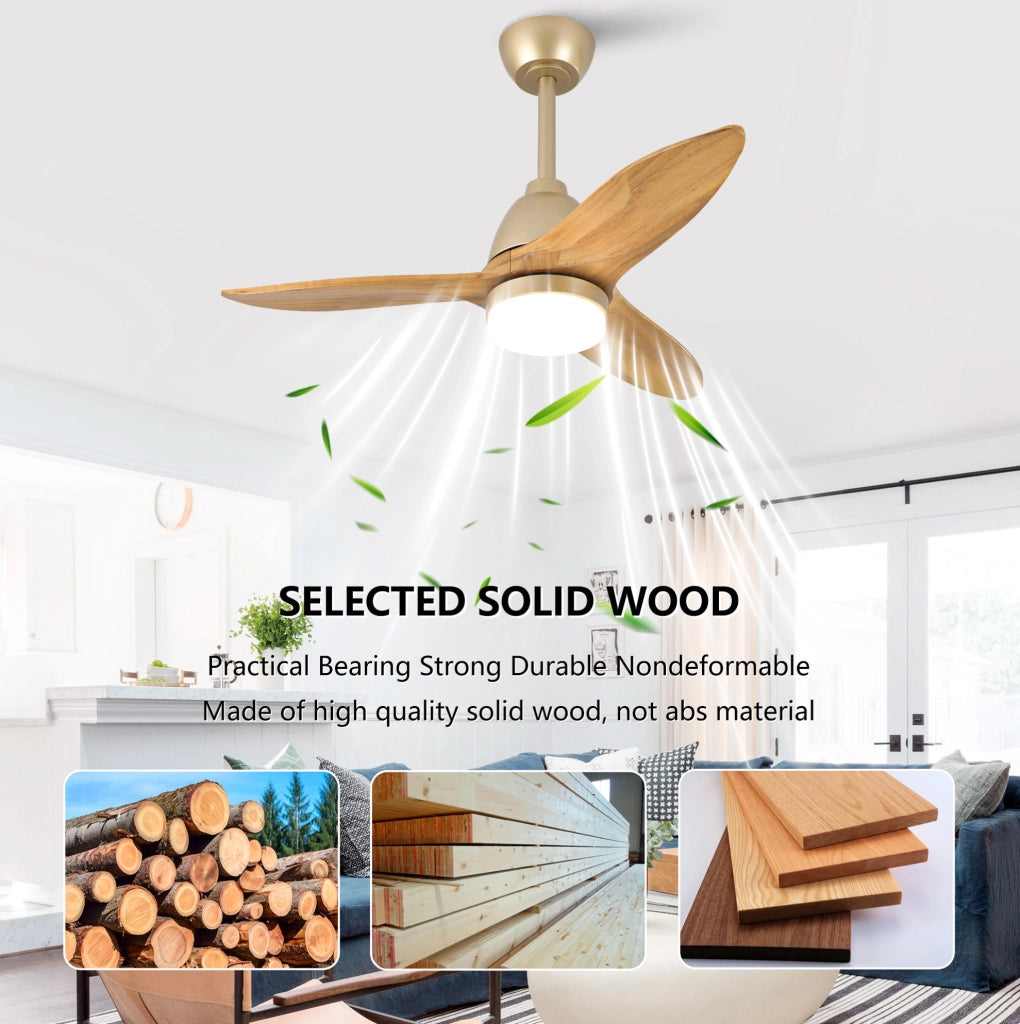 Ventilatore da soffitto 36 pollici con LED dimmerabile; 3 pale in legno massello d'acero; rovere dorato
