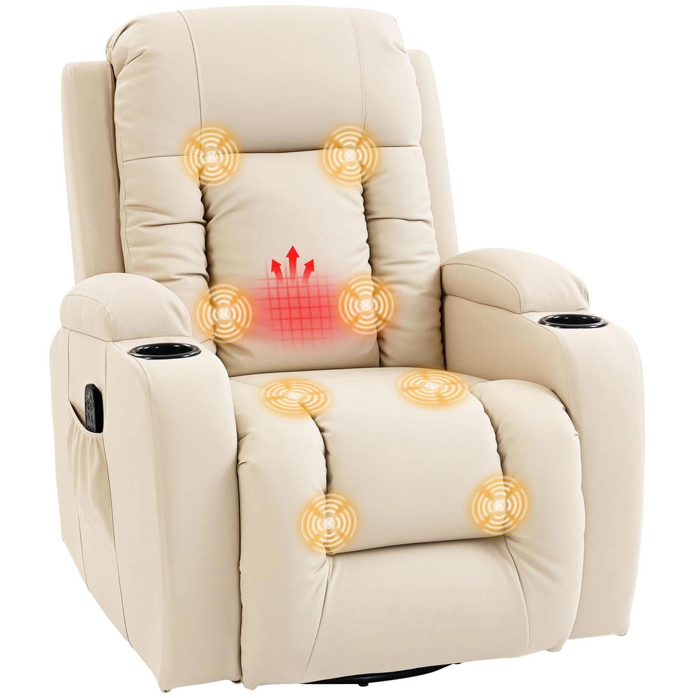 Poltrona massaggiante relax girevole e reclinabile con riscaldamento lombare, 8 punti, funzione dondolo, bianco crema