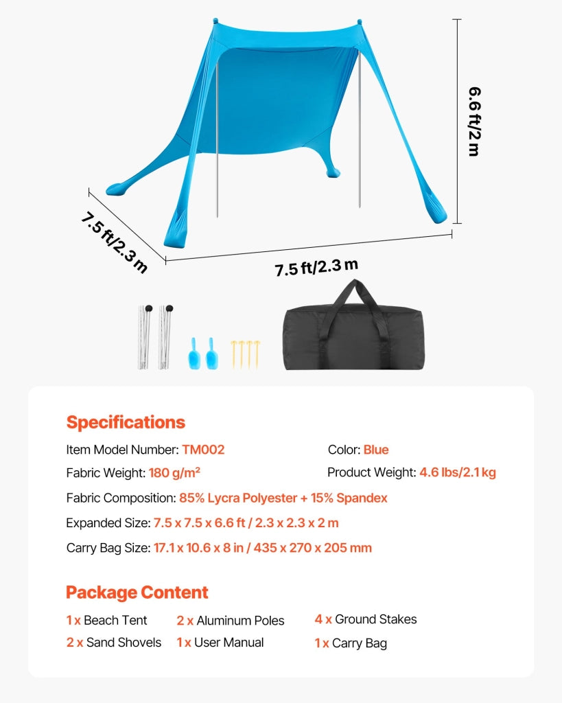 Tenda Parasole da Spiaggia Portatile TM002 2,3 x 2,3 x 2 m Protezione UPF50+ con Pali di Supporto per Campeggio e Giardino Blu