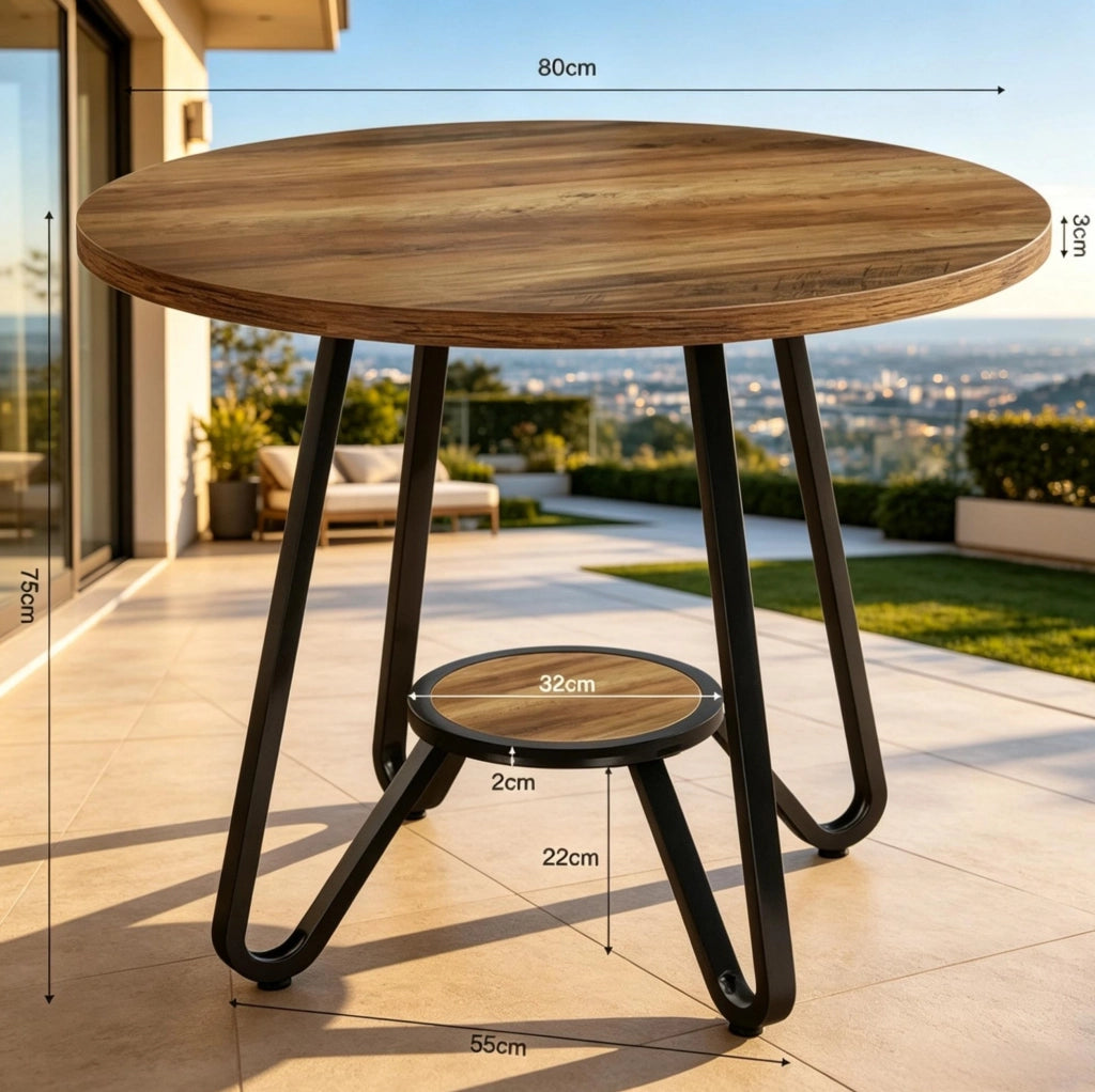 Tavolo rotondo 80 cm con ripiano, metallo e legno, nero e marrone