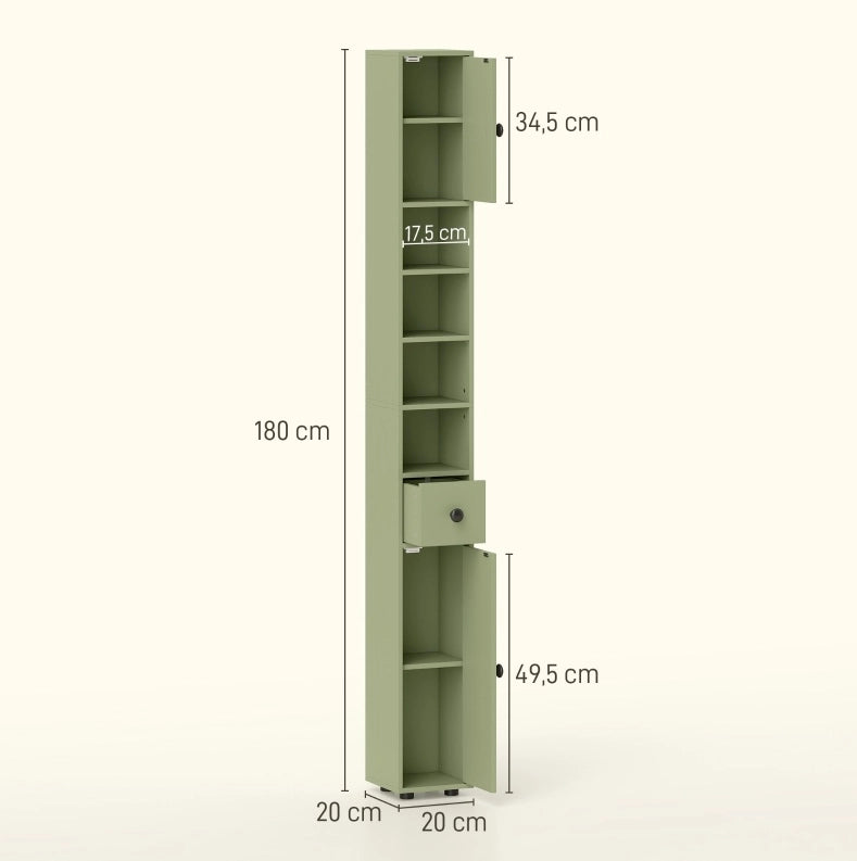 Colonna bagno stretta 20 x 20 x 180 cm verde con cassetto e vani