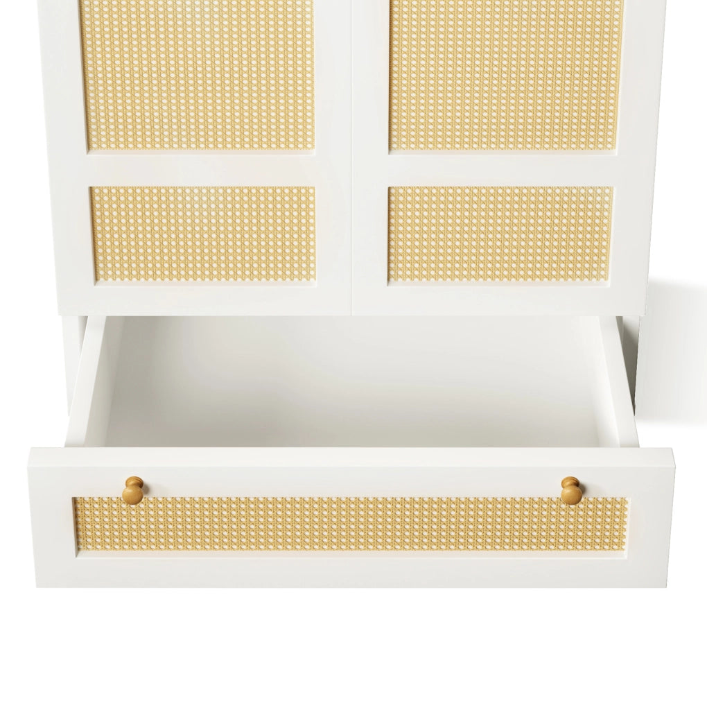 Armadio bianco 80 x 50 x 180 cm con ante in rattan, appendiabiti e cassetto