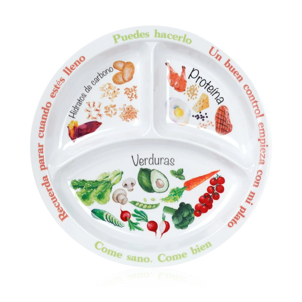 Piatto per il controllo delle porzioni per un'alimentazione equilibrata, cibi sani per adulti e adolescenti, scomparti in melamina, perdita di peso, piatto per diabetici (testo in spagnolo)