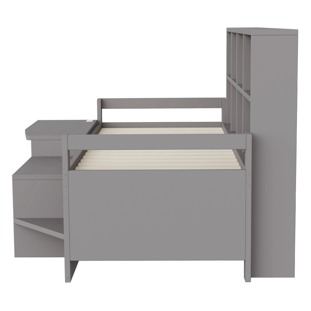 Letto a soppalco singolo 90 × 200 cm con scrivania vani contenitore prese USB LED in legno grigio