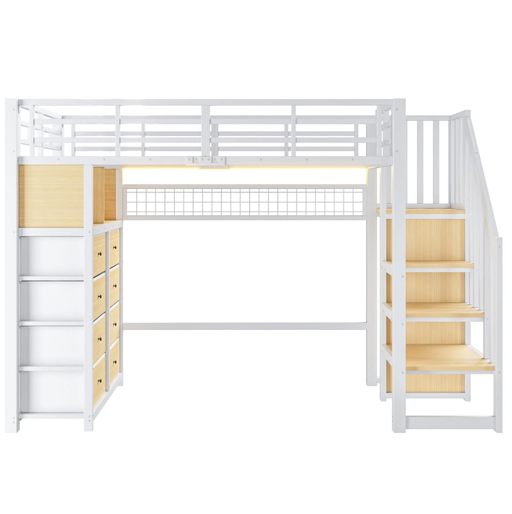 Letto a soppalco bianco 90 x 200 cm con 8 cassetti, scaffali e illuminazione
