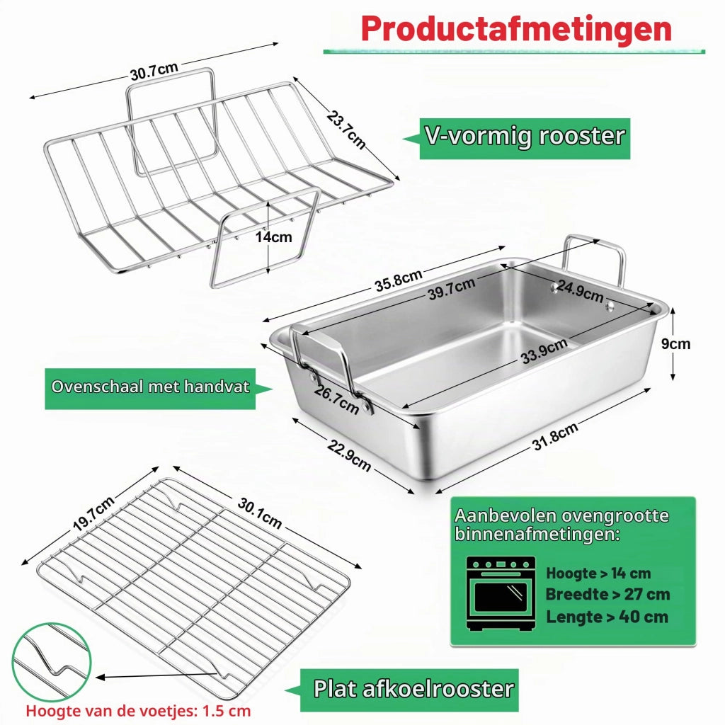 Padella antiaderente con griglia, set da 3 pezzi, acciaio inossidabile, dimensioni 35,8x26,7x9 cm