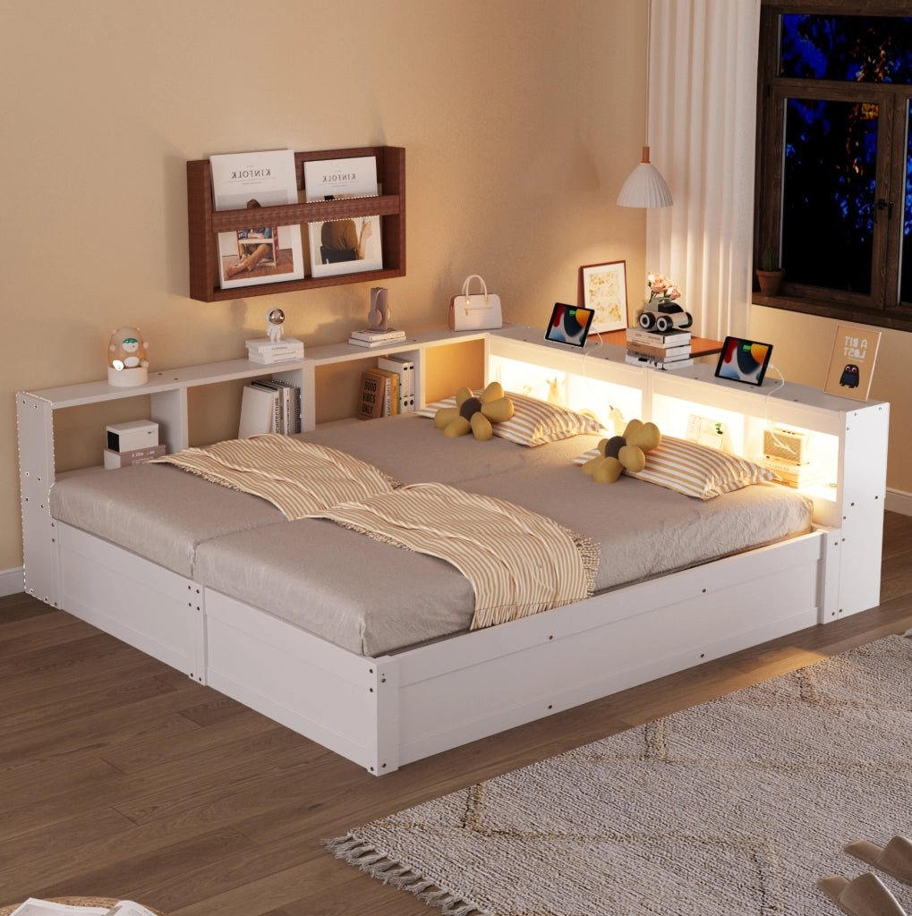 Divano letto multifunzionale 90/180 × 200 cm in legno massello con LED, prese multiple e contenitori, bianco