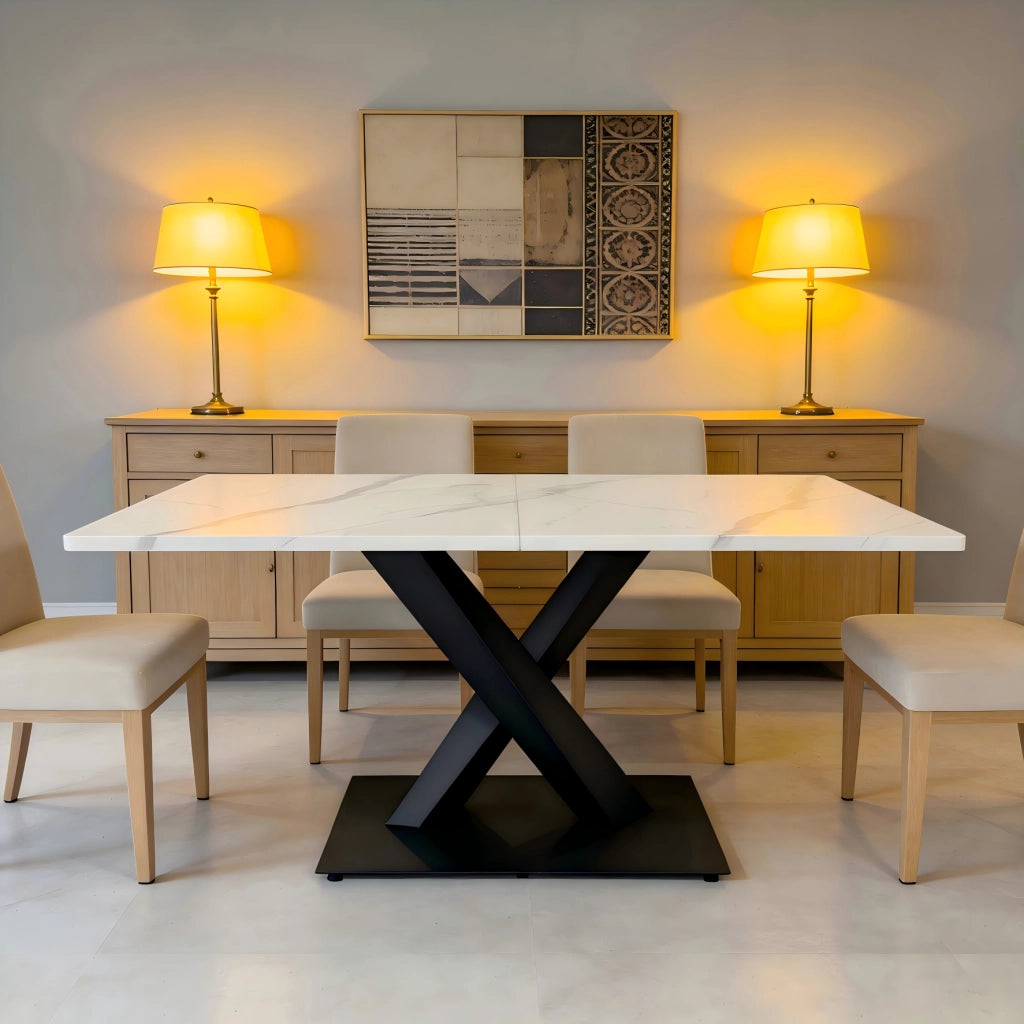 Tavolo da pranzo 160x80x75 cm per 6 persone; per cucina e soggiorno; in MDF e metallo; bianco e nero