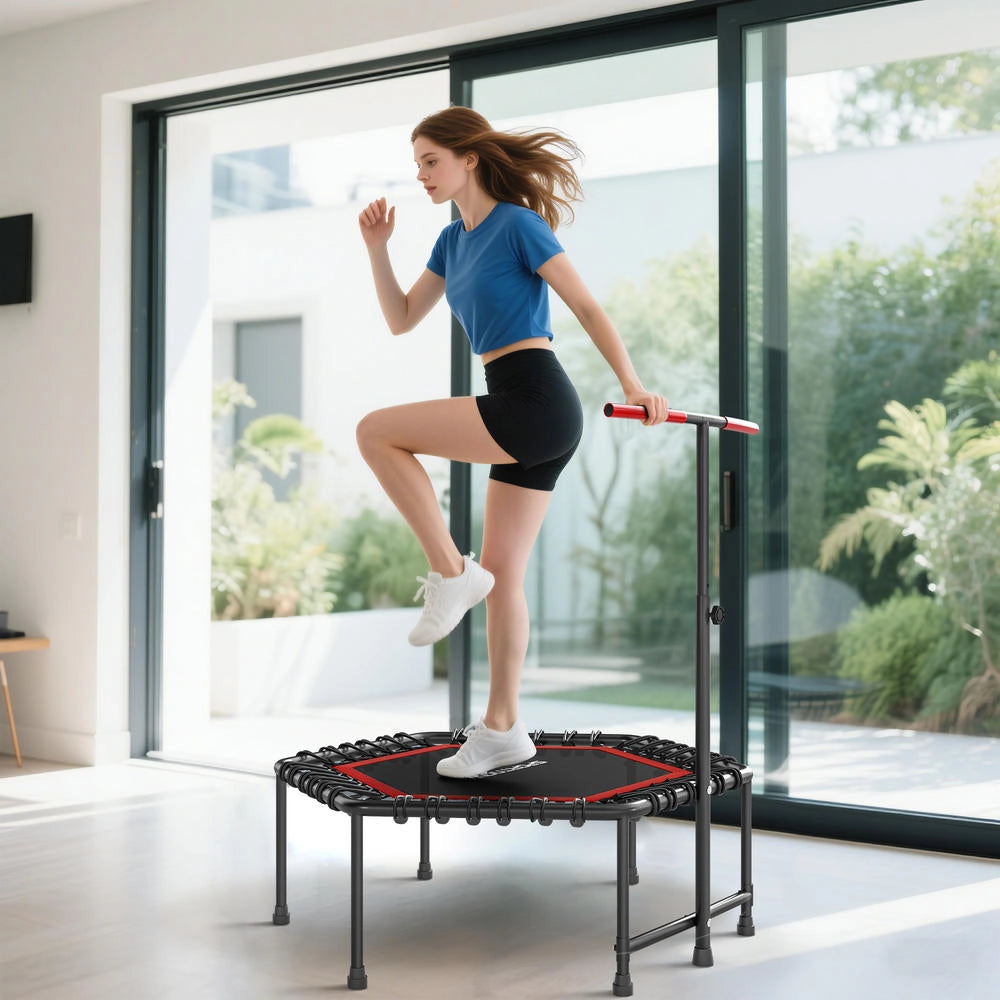 Trampolino fitness 114 cm con maniglia regolabile a 3 altezze e corde elastiche, trampolino elastico silenzioso da interno, rosso