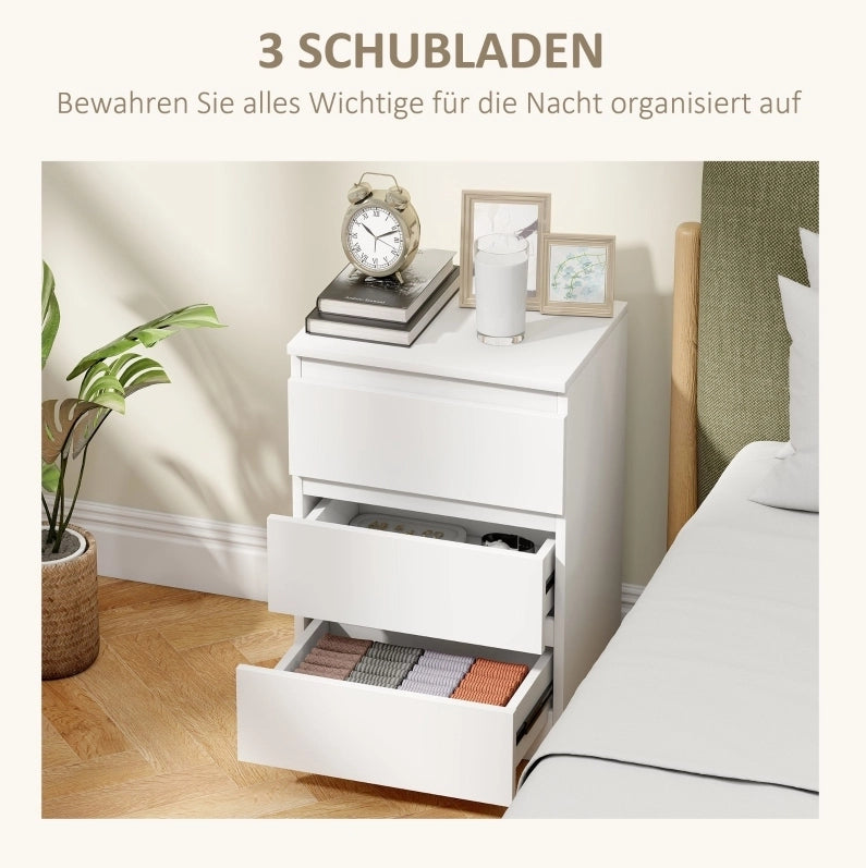 Set di 2 Comodini con 3 Cassetti, 40x30x59,5 cm, Bianco, per Camera da Letto e Soggiorno