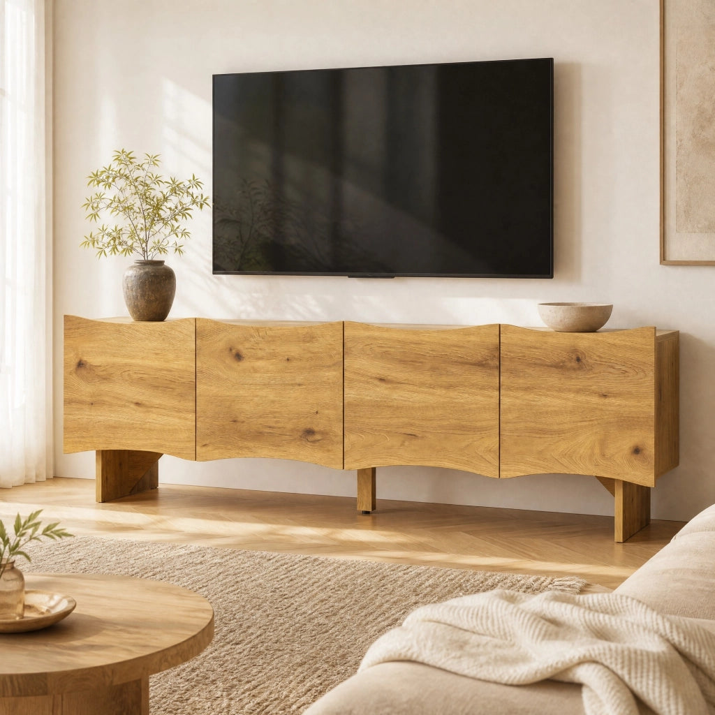 Mobile TV 155 cm effetto legno naturale, 4 ante ondulate, passacavi