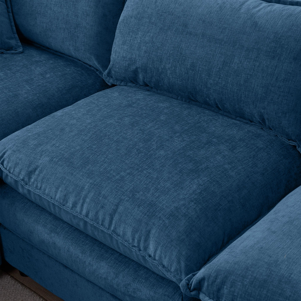 Divano angolare modulare a 3 posti con pouf mobile in ciniglia blu struttura in legno e cuscini sfoderabili