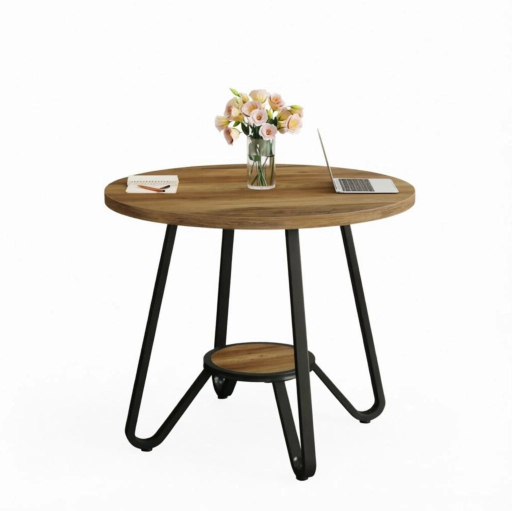 Tavolo rotondo 80 cm con ripiano, metallo e legno, nero e marrone