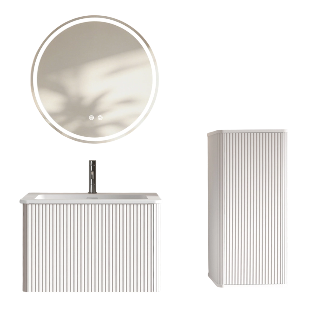 Mobile bagno 60 cm bianco con lavabo e specchio LED rotondo, sospeso