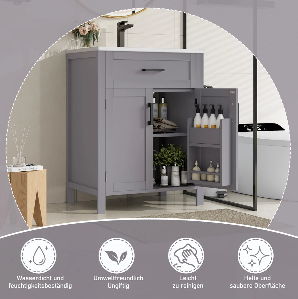 Mobile bagno grigio in MDF con lavabo in ceramica integrato, 60x46x84,8 cm, doppia anta e ripiani regolabili