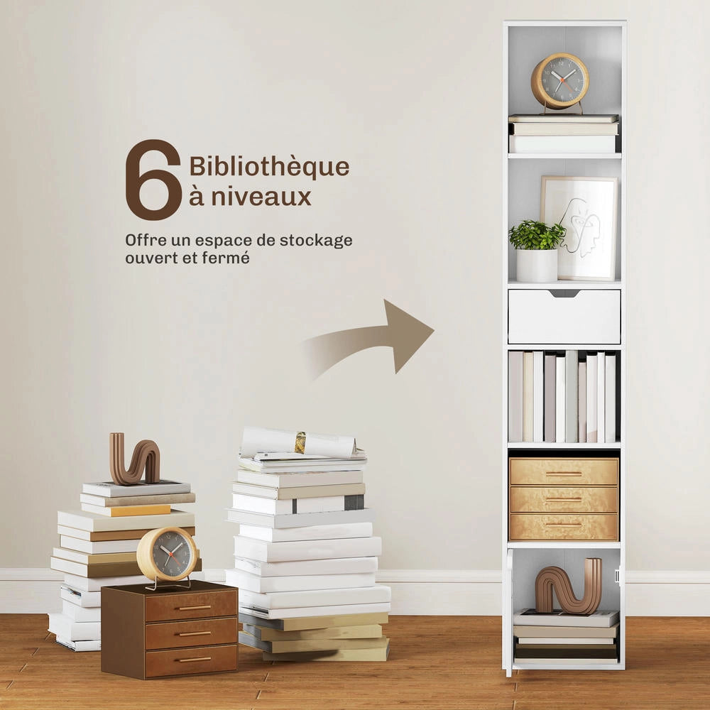 Libreria salvaspazio con cassetto anta e 4 ripiani mobile contenitore per casa 30 x 24 x 158 cm bianco