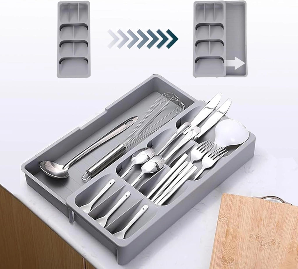 Contenitore per posate espandibile, regolabile, con una larghezza compresa tra 17 e 26,4 cm, di colore grigio, realizzato in plastica