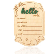 Segnaletica in legno per annunciare una gravidanza, scritta "Hello World", dimensioni 15x10,5 cm