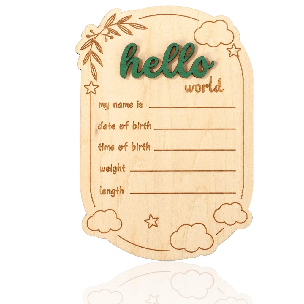 Segnaletica in legno per annunciare una gravidanza, scritta "Hello World", dimensioni 15x10,5 cm