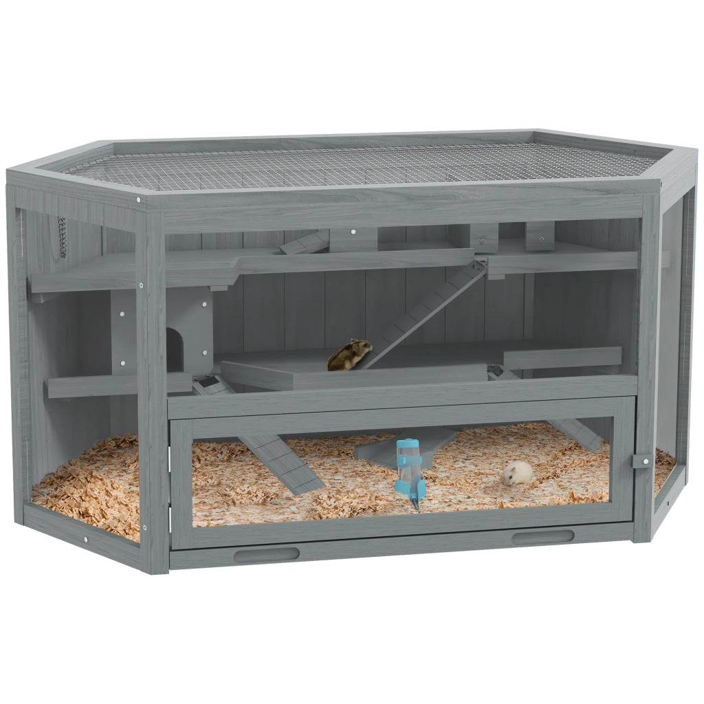 Gabbia per roditori a 3 piani esagonale in legno, 115x60x55 cm, grigia, con coperchio ribaltabile, finestra e rampa