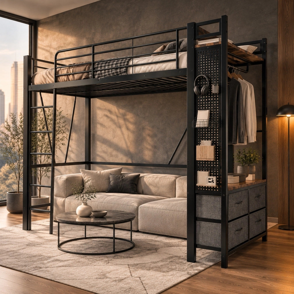 Letto a soppalco 90x200 nero con LED, USB, Type-C e materasso