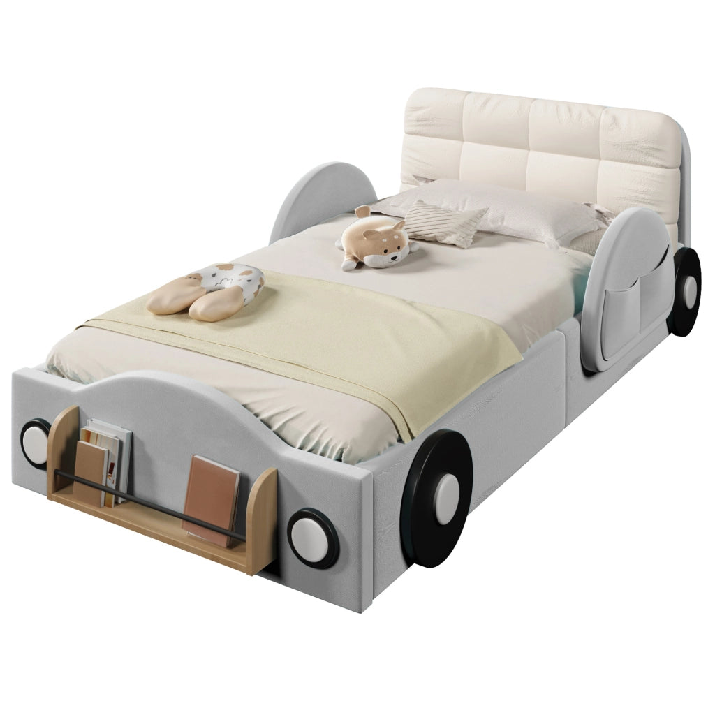 Letto imbottito 90 × 200 cm con contenitore idraulico; flanella grigia e tasche laterali
