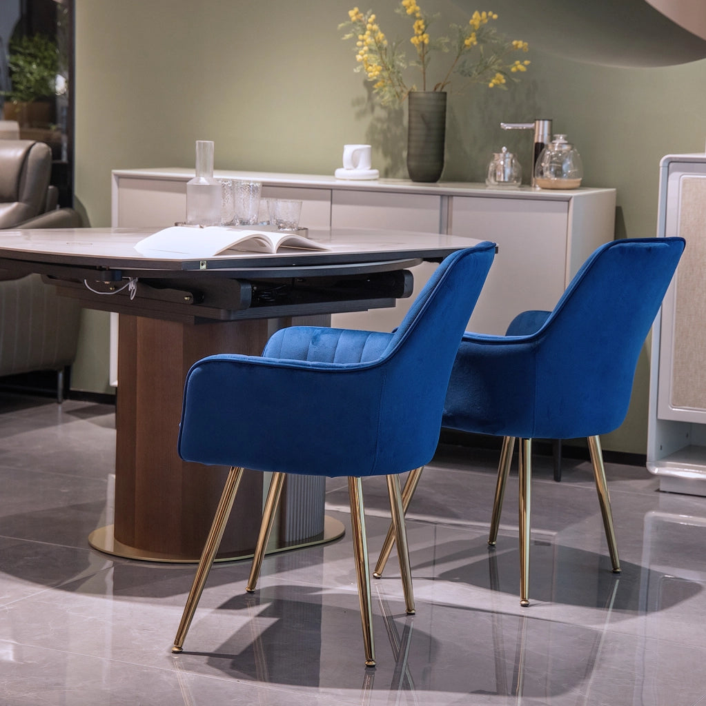 SEDIA da pranzo con braccioli in tessuto blu e gambe dorate, Set da 2 pezzi