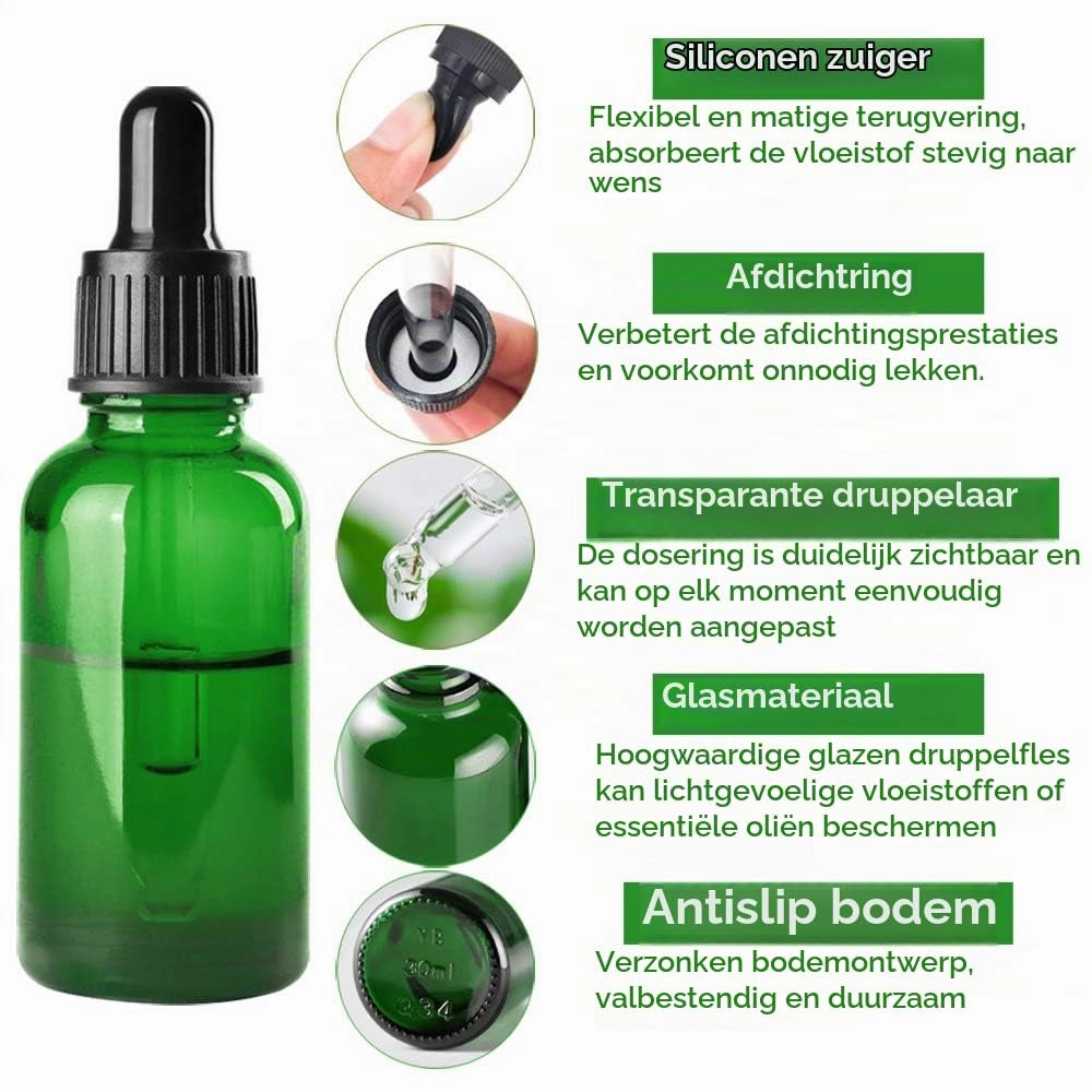 12 flaconi contagocce in vetro verde da 30 ml, con pipette e imbuti
