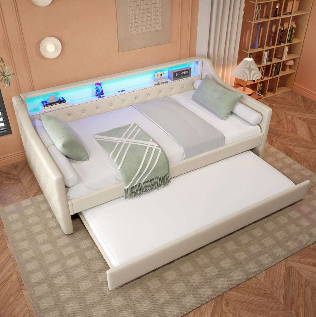 Daybed con rete a doghe 90x200 cm, divano letto con LED integrati e porta USB, lino beige, con letto estraibile