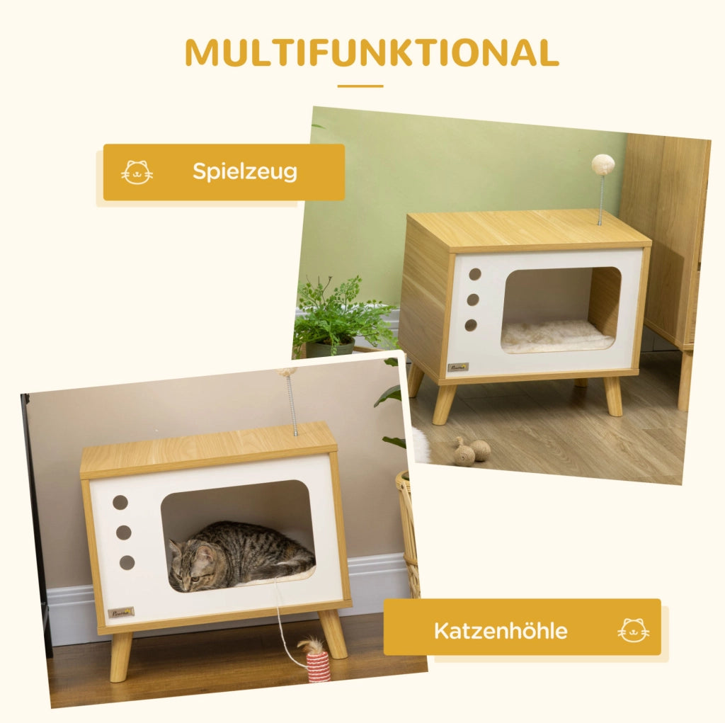 Cuccia per gatti a forma di TV con cuscino e gioco, beige