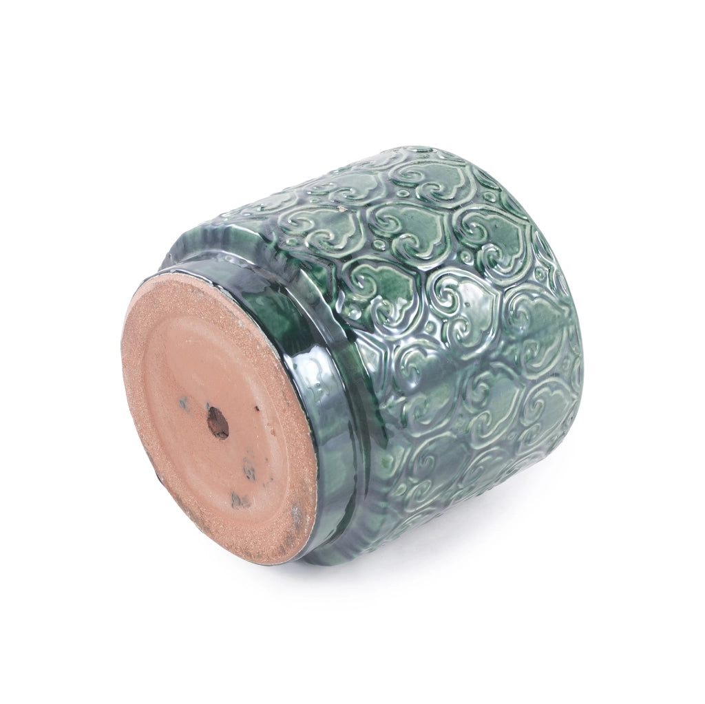 Vaso in ceramica verde Ø 19 cm con rilievo a cuore e foro di drenaggio