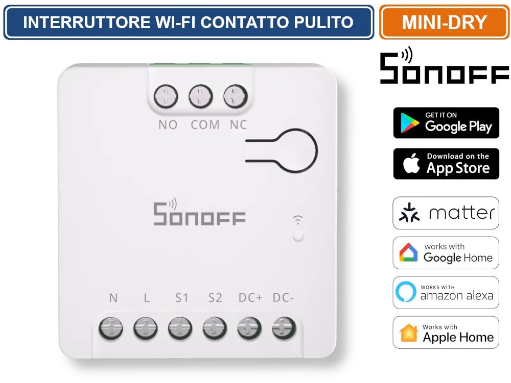 SONOFF MINI-D INTERRUTTORE INTELLIGENTE WI-FI A CONTATTO PULITO ALIMENTAZIONE AC/DC